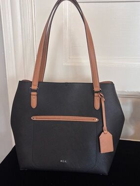 Lauren Ralph Lauren 100% Leather Black Tote Bag Camel Trim RLL Shoulder Purse
